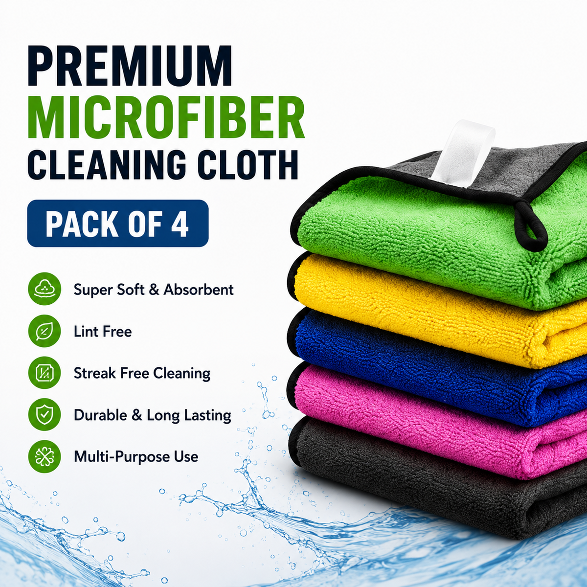 Multipurpose Absorbent Microfiber Cleaning Cloth – Super Soft, Lint-Free, and Quick-Drying (Pack of 4)