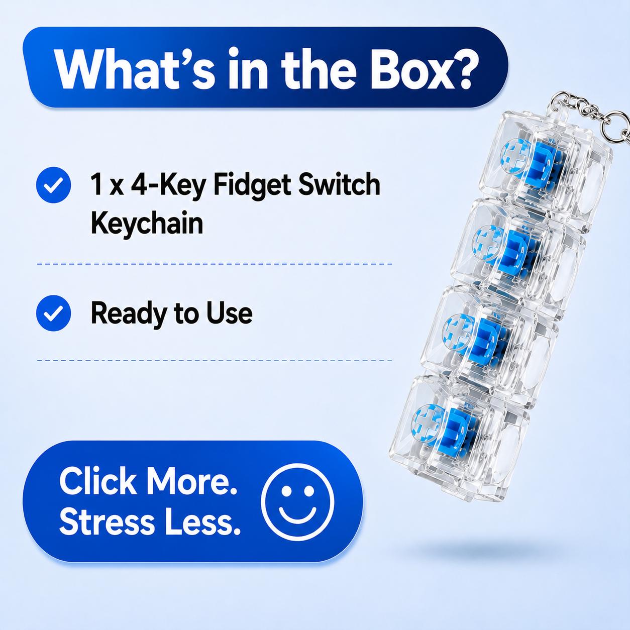 Mechanical Keyboard Switch Fidget Toy with Keychain - 4 Key Clicker Keycap Pad